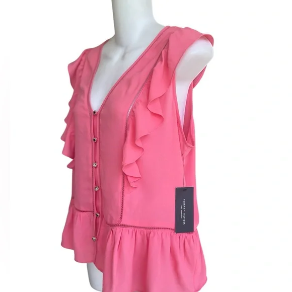 Tommy Hilfiger Peach Blouse Top Ruffles Button Down Peplum V-Neck Ladies L NWT - Picture 3 of 4